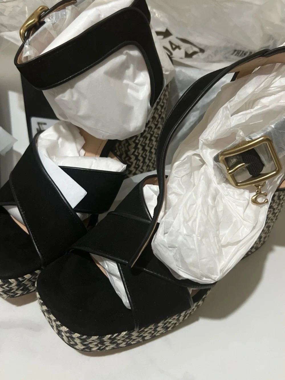 Coach Black Woven Platform Block Heel Sandals